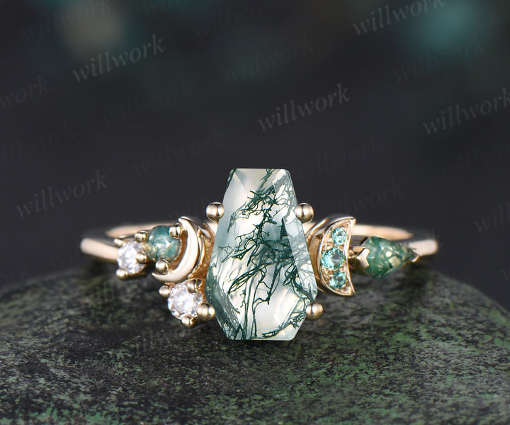 Unique moon ring kite Coffin natural moss agate engagement ring yellow gold cluster emerald wedding ring perfect moon anniversary gift