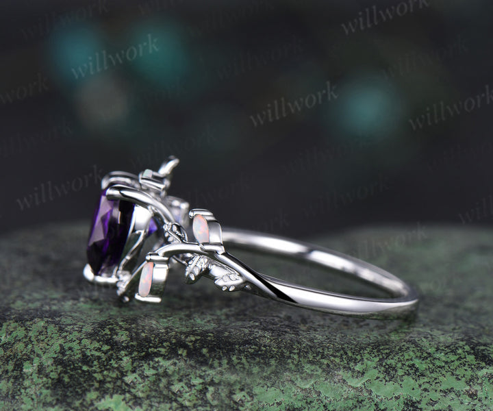 Heart cut amethyst opal leaf engagement ring women 14k white gold nature inspired promise wedding gift