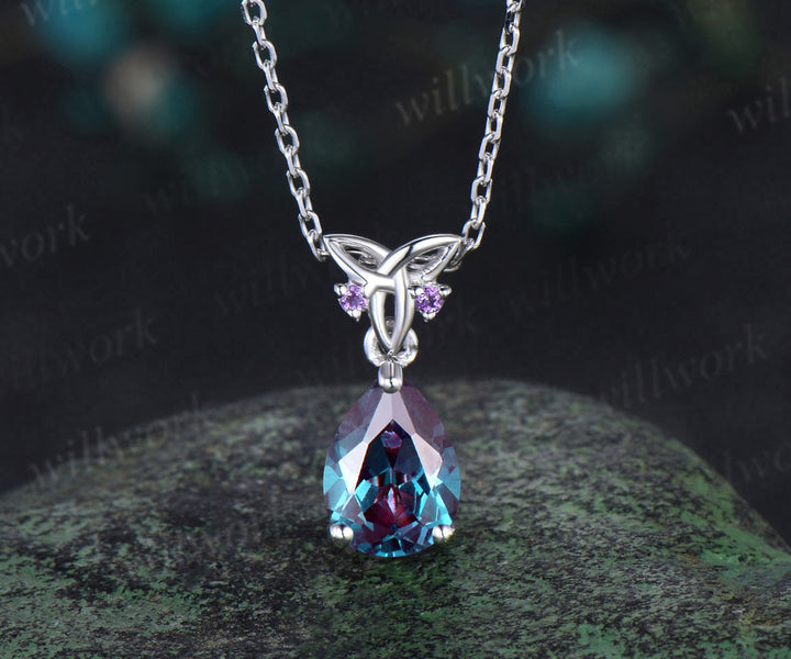 Pear cut alexandrite Necklace solid 14k white gold Celtic knot amethyst Pendant women color change gemstone anniversary gift