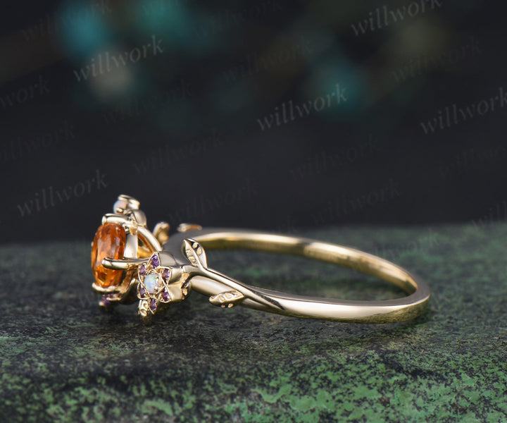 5mm Round Cut Natural Yellow Citrine Moon Engagement Ring 14K Yellow Gold Vine Leaf Genuine Crystal Amethyst Opal November Birthstone Gifts