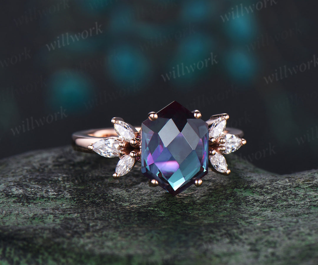 Long hexagon Briolette cut alexandrite engagement ring women solid 14k rose gold cluster diamond wedding promise anniversary ring gift