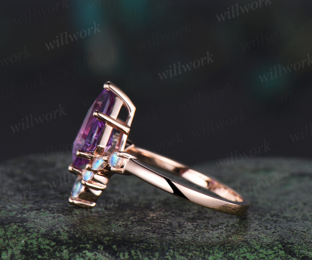 Kite cut purple amethyst engagement ring rose gold 6 prong unique moonstone anniversary promise wedding ring women