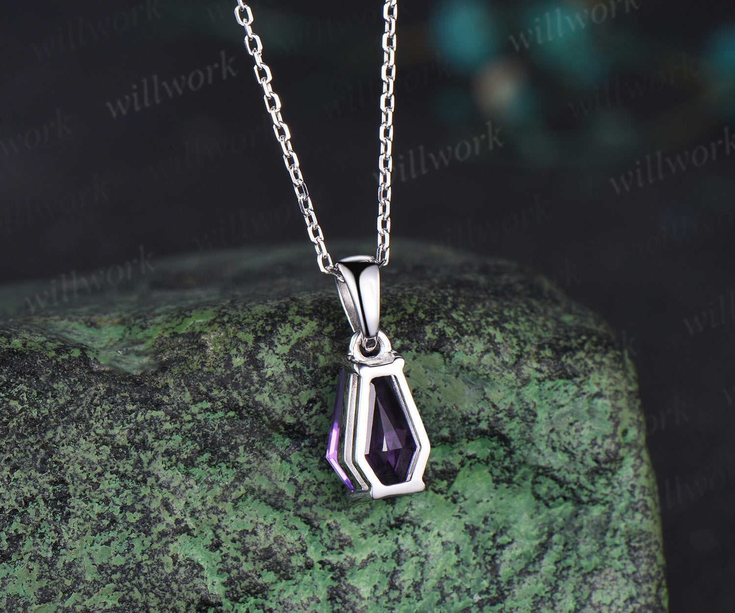 Coffin natural Amethyst necklace solid 14k 18k white gold vintage