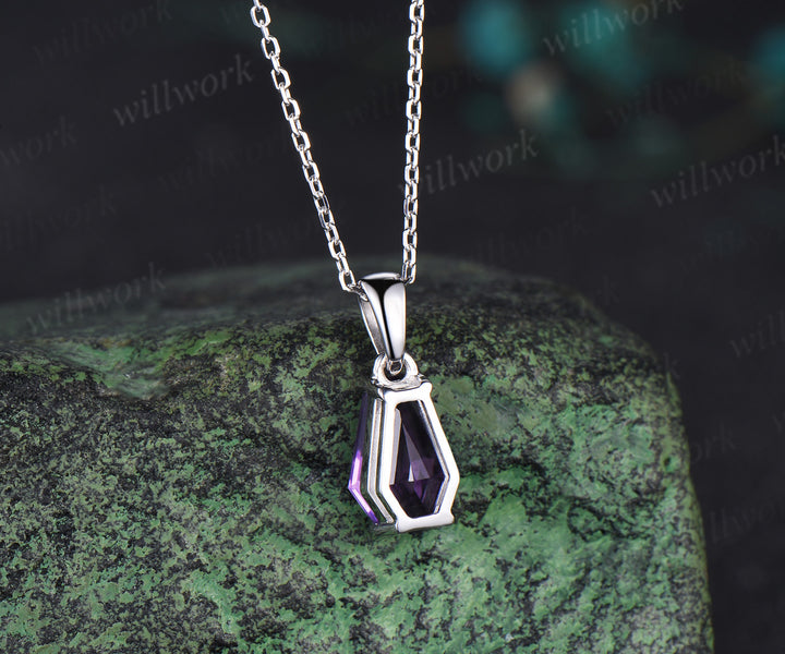 Coffin natural Amethyst necklace solid 14k 18k white gold vintage unique Personalized pendant women her anniversary bridal gift mother