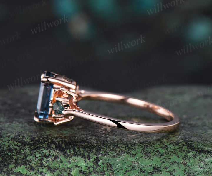 Long hexagon cut London blue topaz engagement ring rose gold cluster citrine ring women kite moss agate anniversary gift