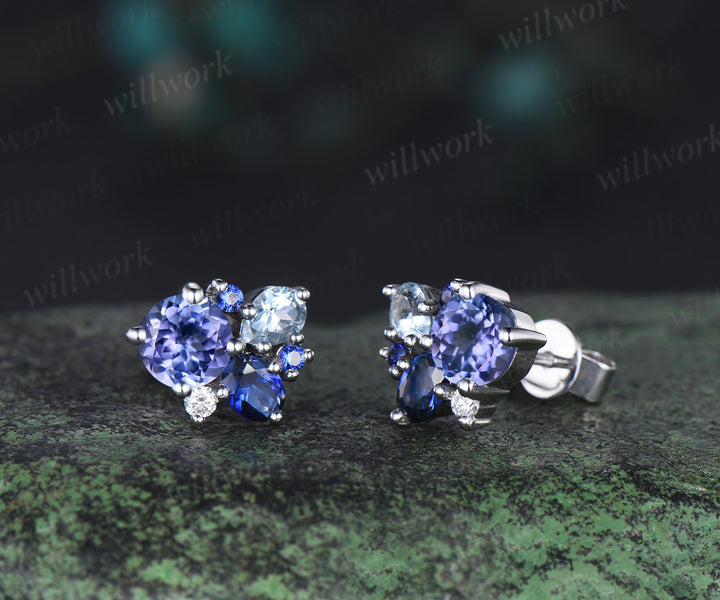 Dainty Round Cut Natural Tanzanite Stud Earrings Unique 14k white Gold Blue Sapphire Aquamarine Cluster Earrings December Birthstone Earrings