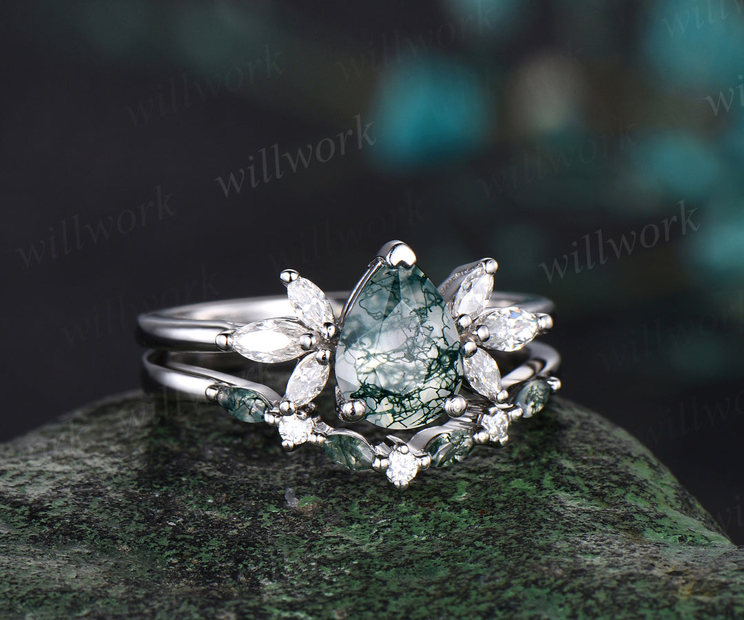 Pear Cut Natural Green Moss Agate Engagement Ring Set Moissanite Cluster Seven Stone Ring 14k Rose Gold Green Gemstone 2pcs Bridal Ring Set