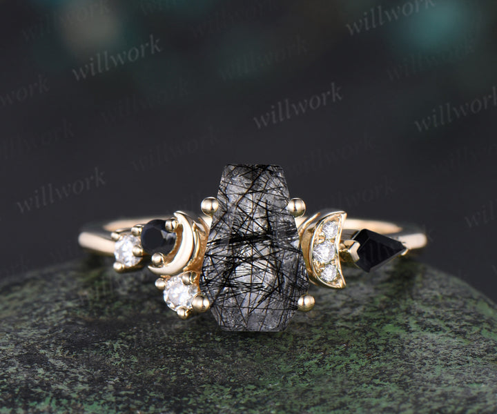 Kite Coffin black rutilated quartz engagement ring 14k yellow gold cluster moon moissanite wedding crystal ring anniversary gift