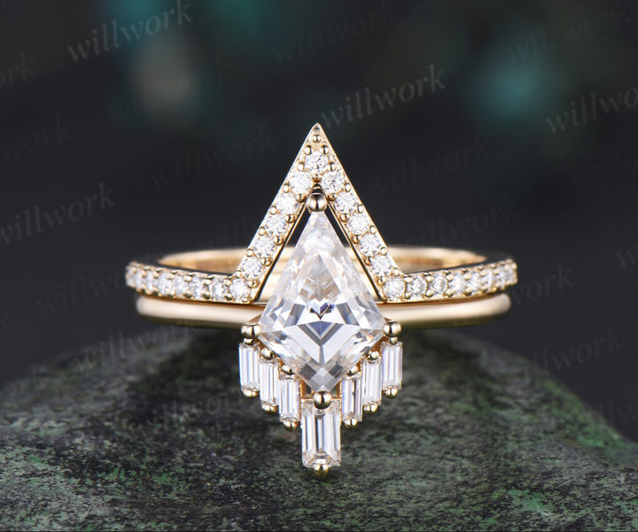 Kite Cut moissanite Engagement Ring set unique promise ring her 14k yellow gold Baguette cut V shaped bridal set women