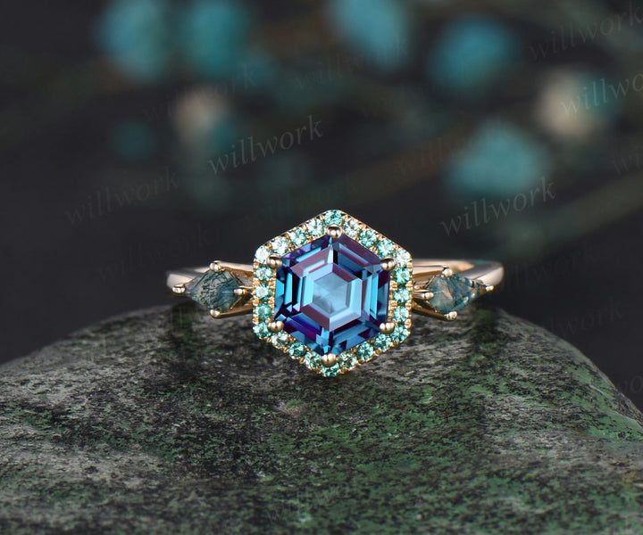 Hexagon Cut color changed Alexandrite Engagement Ring halo emerald ring kite moss agate wedding ring women gift For Her