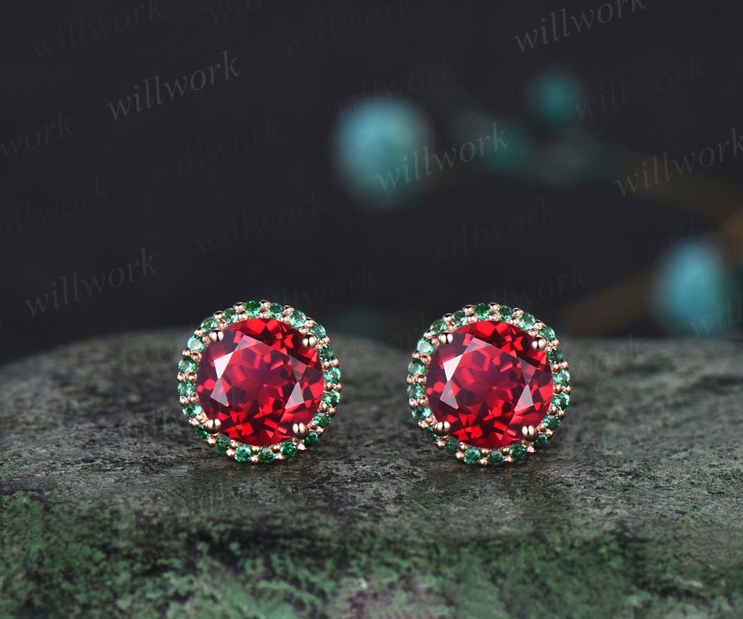 WillWork Jewelry Ruby Round Cut Earrings Vintage halo Earrings emerald around Promise Earrings