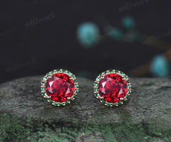 WillWork Jewelry Ruby Round Cut Earrings Vintage halo Earrings emerald around Promise Earrings