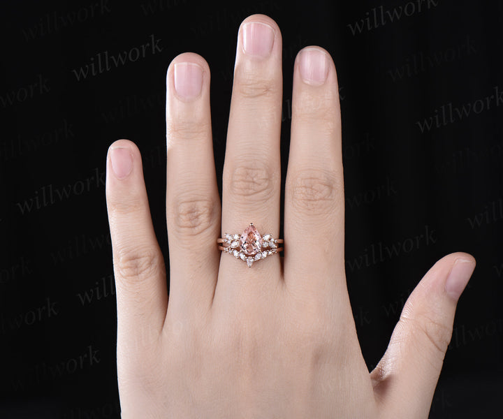 Pear shaped morganite engagement ring set cluster diamond ring solid 14k rose gold unique promise bridal ring set women jewelry