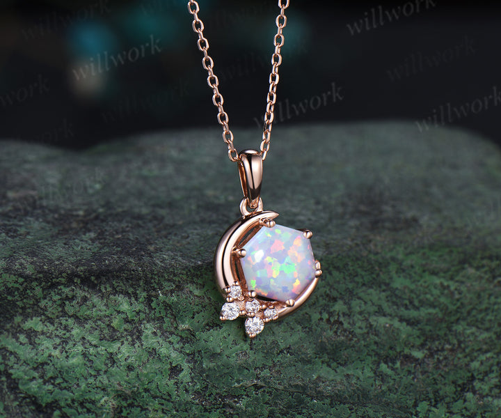 Hexagon white opal necklace solid 14k rose gold 6 prong cluster diamond pendant women anniversary gift