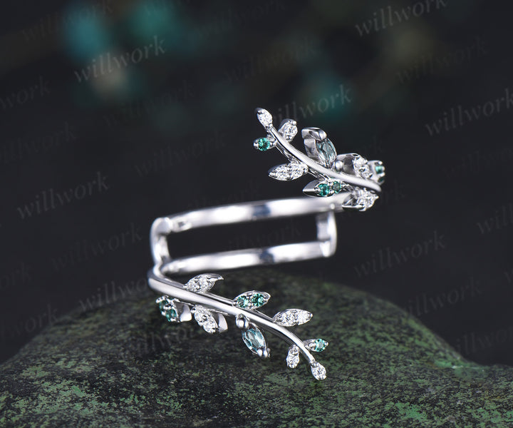 Cluster wedding band enhancer wraps white gold Emerald alexandrite ring double open gap diamond ring women