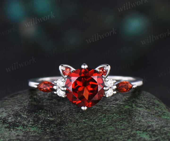 Round red garnet Cat Engagement Ring 14K white Gold Animal Cat Shaped Wedding Promise Ring Peekaboo Kitten Unique Gifts for Cat Lover