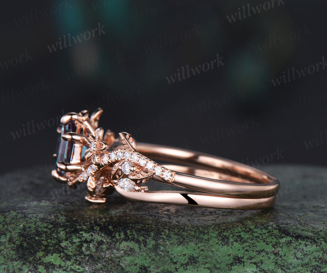 Hexagon cut alexandrite engagement ring set vintage floral diamond ring women 14k rose gold retro branch leaf bridal ring set