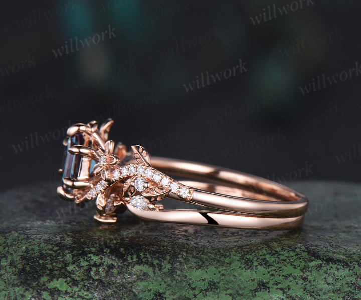 Hexagon cut alexandrite engagement ring set vintage floral diamond ring women 14k rose gold retro branch leaf bridal ring set