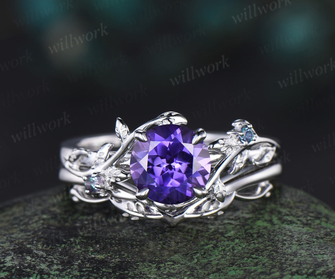 Round cut purple sapphire engagement ring white gold three stone alexandrite nature inspired leaf bridal set women