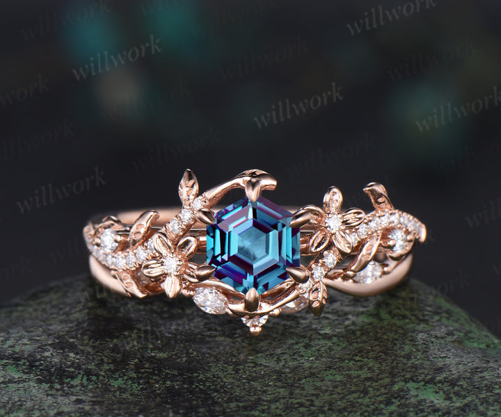 Hexagon cut alexandrite engagement ring set vintage floral diamond ring women 14k rose gold retro branch leaf bridal ring set