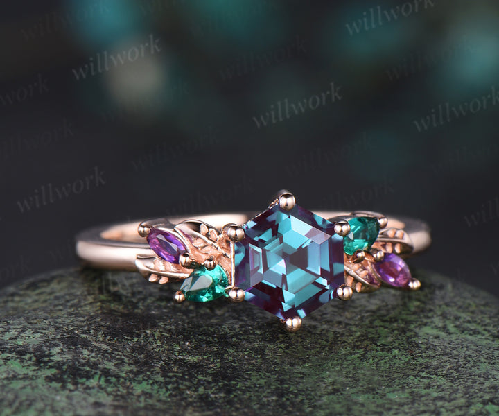 Unique Hexagon Cut Alexandrite Engagement Ring rose gold Leaf Nature Inspired Wedding Ring Art Deco Emerald Amethyst Cluster Five Stone Ring