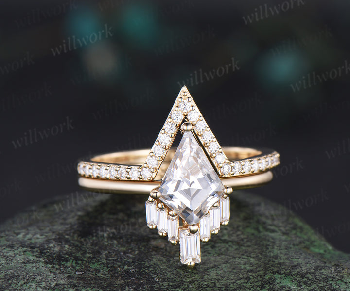 Kite Cut moissanite Engagement Ring set unique promise ring her 14k yellow gold Baguette cut V shaped bridal set women