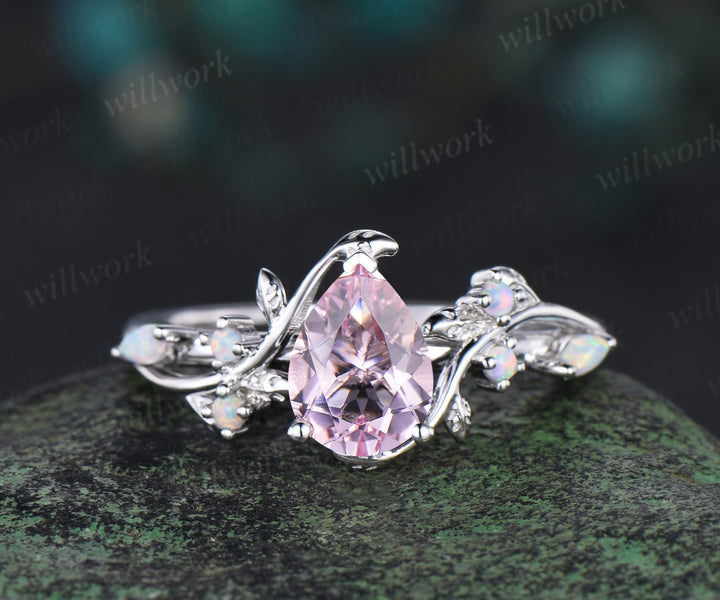 14K white Gold pink Morganite Opal Ring Set Unique Leaf Vine Wedding Ring Pear Bridal Proposal Ring for Fiancée Gemstone Ring