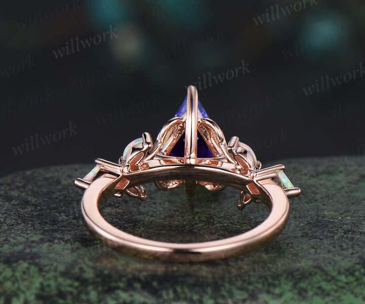 Kite cut natural Tanzanite engagement ring solid 14k 18k rose gold leaf nature inspired opal promise anniversary ring women