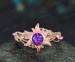 Sun inspired amethyst ring round cut amethyst corona sun filigree opal ring soild rose gold wedding ring gifts for her