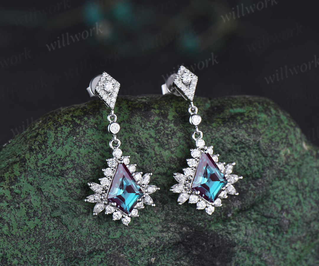 Vintage kite cut alexandrite earrings unique moissanite halo drop earrings color change gemstone earrings for women