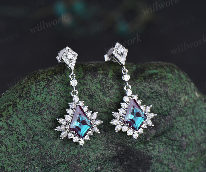 Vintage kite cut alexandrite earrings unique moissanite halo drop earrings color change gemstone earrings for women