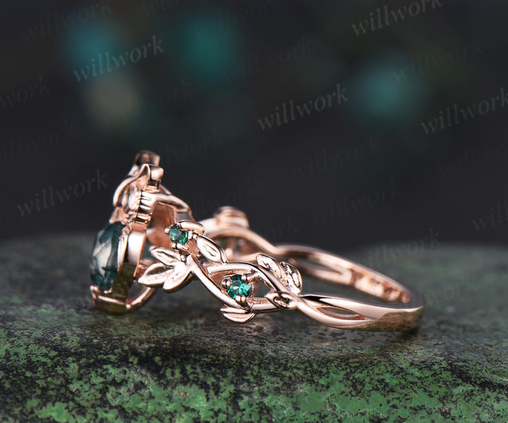 Round moss agate Owl Engagement Ring 14k rose gold emerald Branch Leaf Wedding Ring Nature Inspired Ring Birthday Gift for Owl Lover