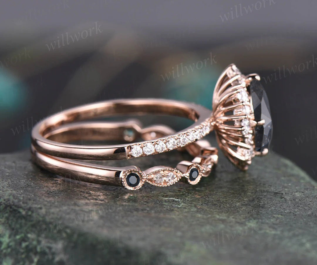 Oval cut salt and pepper diamond engagement ring diamond halo unique wedding ring set for women