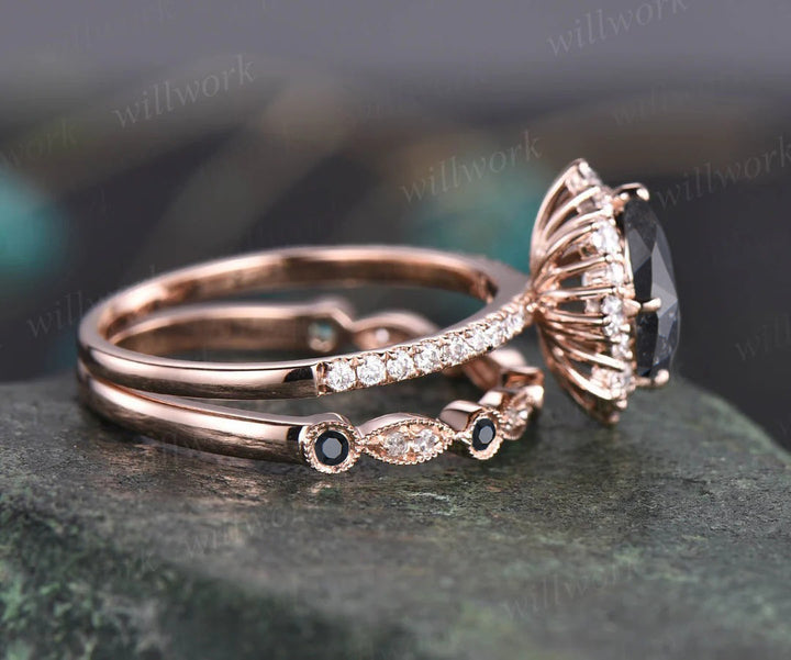 Oval cut salt and pepper diamond engagement ring diamond halo unique wedding ring set for women