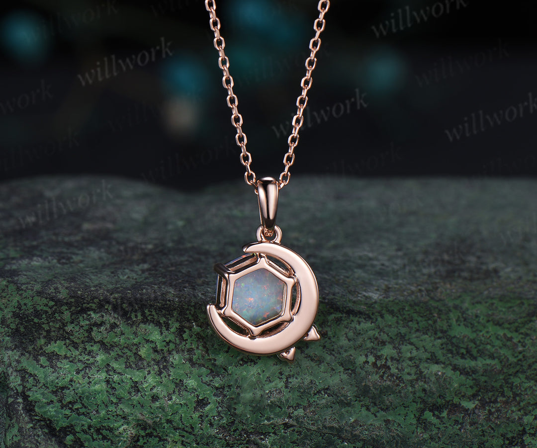 Hexagon white opal necklace solid 14k rose gold 6 prong cluster diamond pendant women anniversary gift