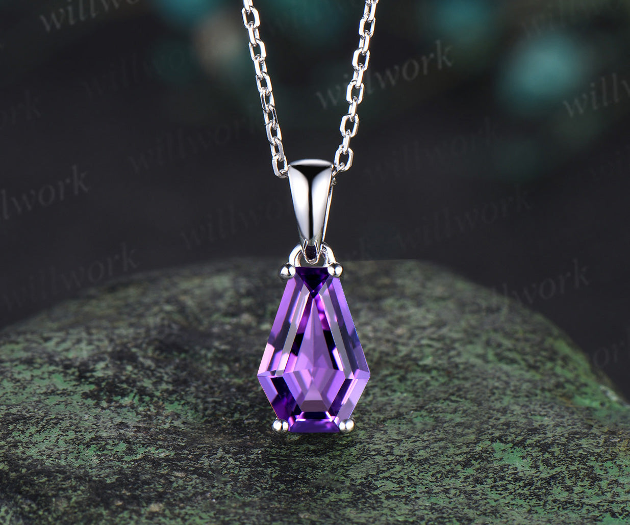 Coffin natural Amethyst necklace solid 14k 18k white gold vintage