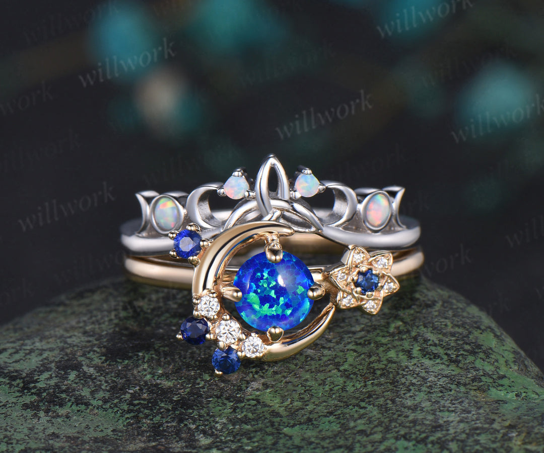 Round blue opal ring gold cluster moon Celtic knot engagement ring set sapphire opal wedding bridal set women