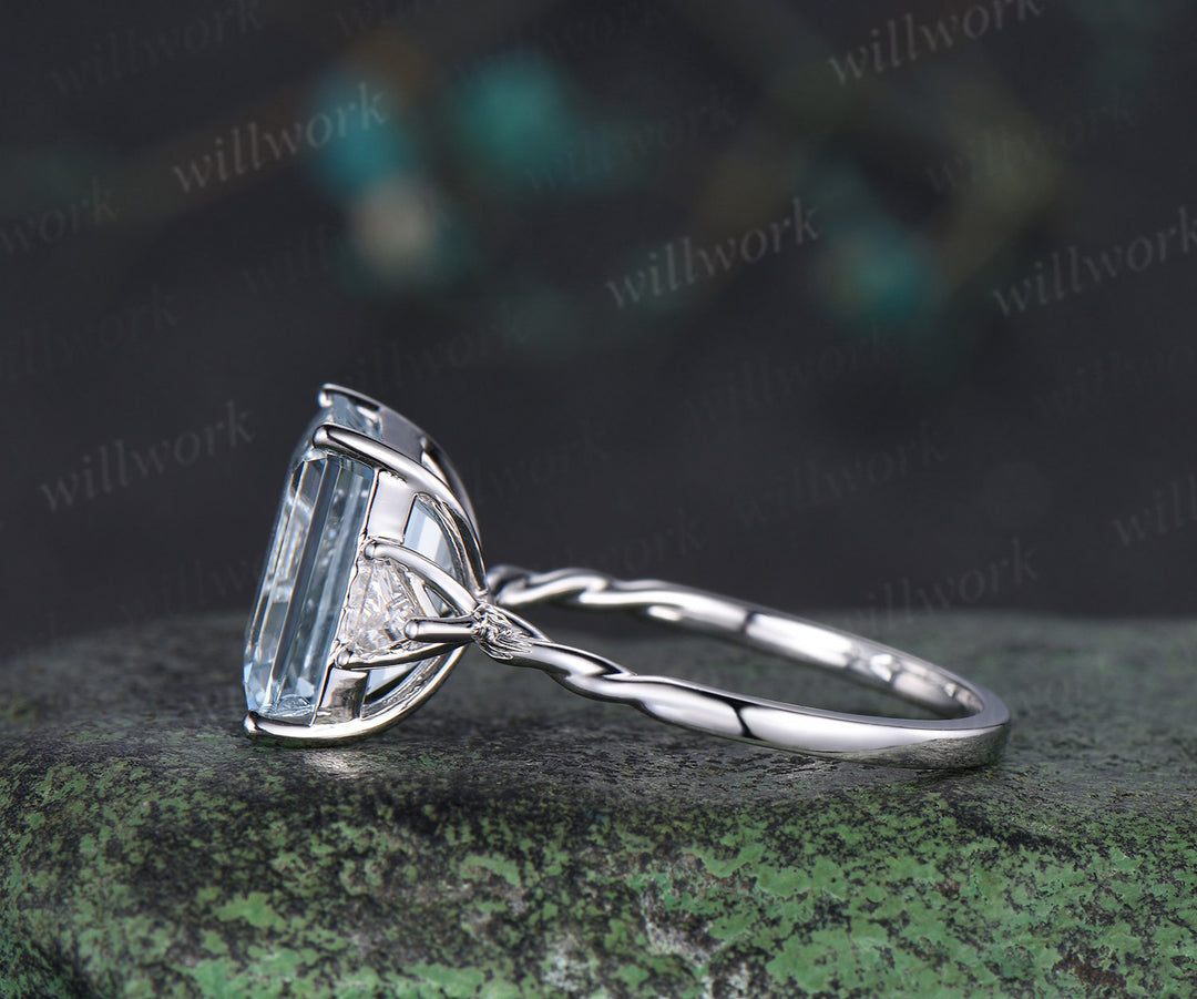 6ct Emerald cut natural aquamarine engagement ring solid 14k white gold three stone Trilliant cut moissanite promise ring jewelry