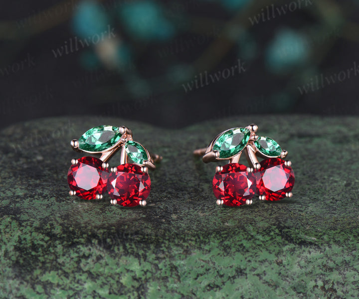 Round Ruby Earrings 14k Rose gold Marquise Emerald Earrings Jewelry Xmas Gift for Her