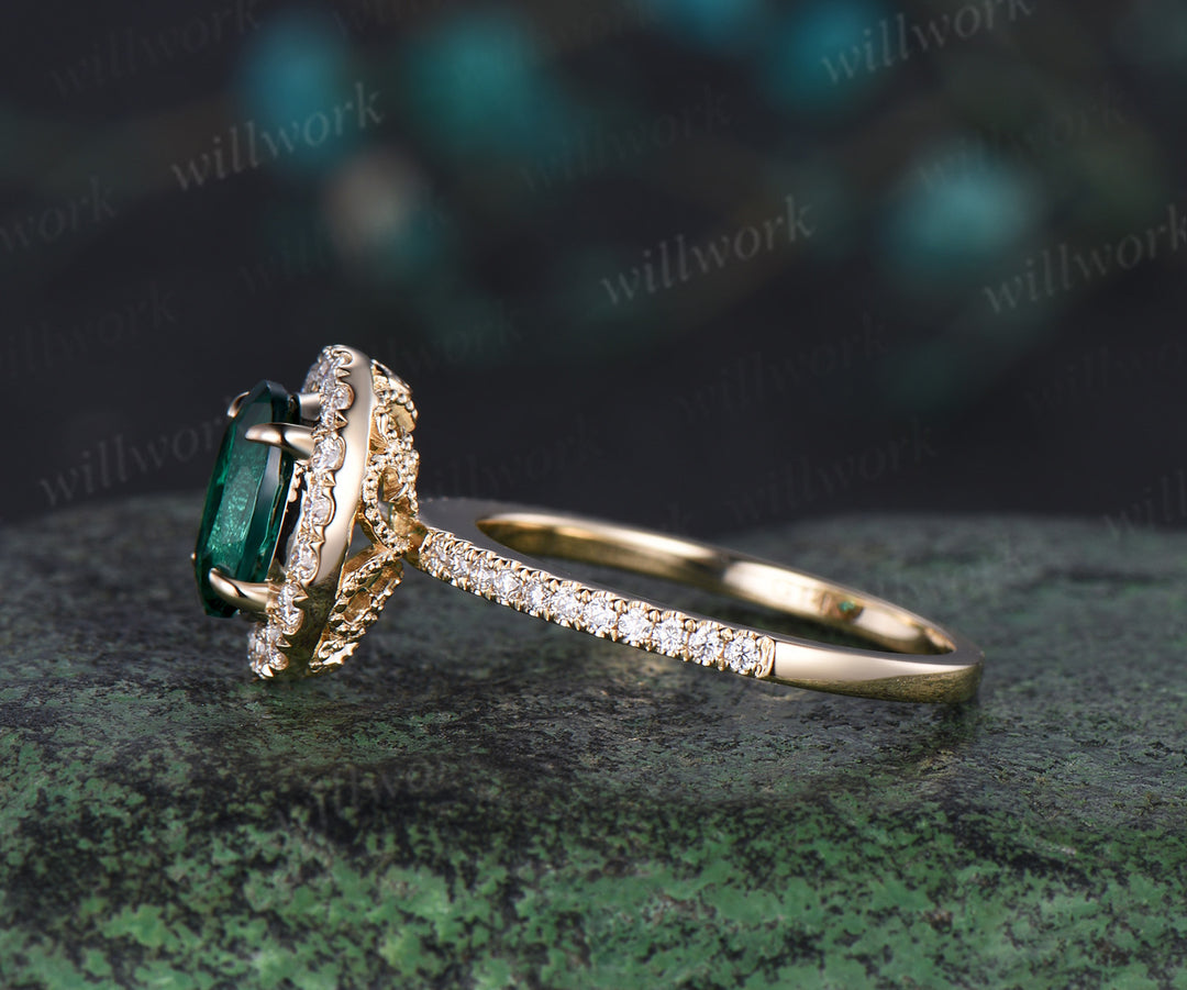 Green emerald engagement ring solid 14k yellow gold real diamond ring moissanite halo ring May birthstone oval vintage wedding promise ring