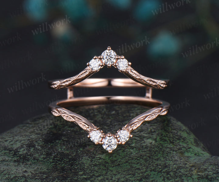 Vintage double curved diamond wedding band enhancer wraps solid 14k rose gold leaf wedding ring band women anniversary gift