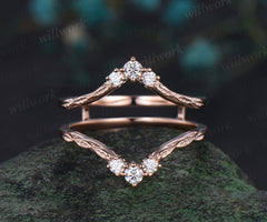 Vintage double curved diamond wedding band enhancer wraps solid 14k rose gold leaf wedding ring band women anniversary gift