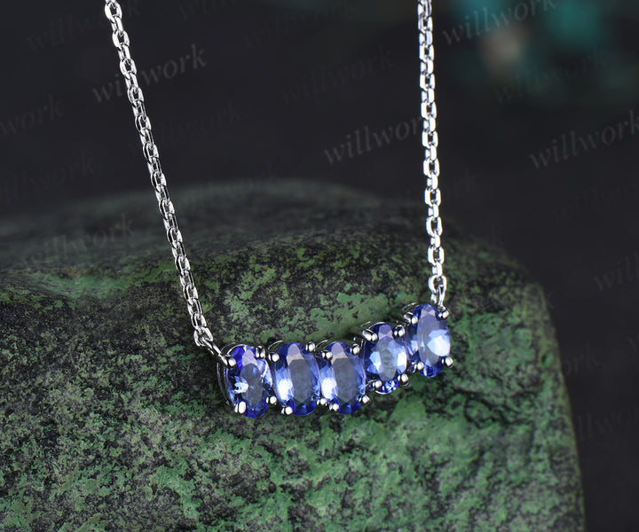 Five stone oval natural Tanzanite necklace solid 14k white gold Pendant For Women Anniversary Gifts