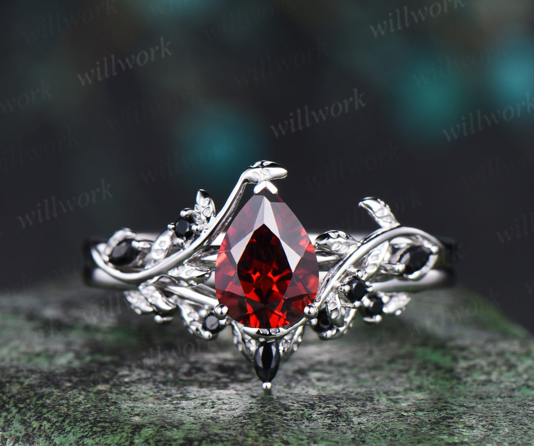 Pear shaped red garnet engagement ring set solid 14k white gold antique black spinel leaf ring set women branch bridal set