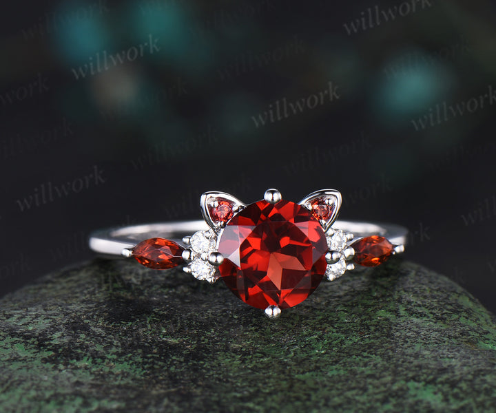 Round red garnet Cat Engagement Ring 14K white Gold Animal Cat Shaped Wedding Promise Ring Peekaboo Kitten Unique Gifts for Cat Lover