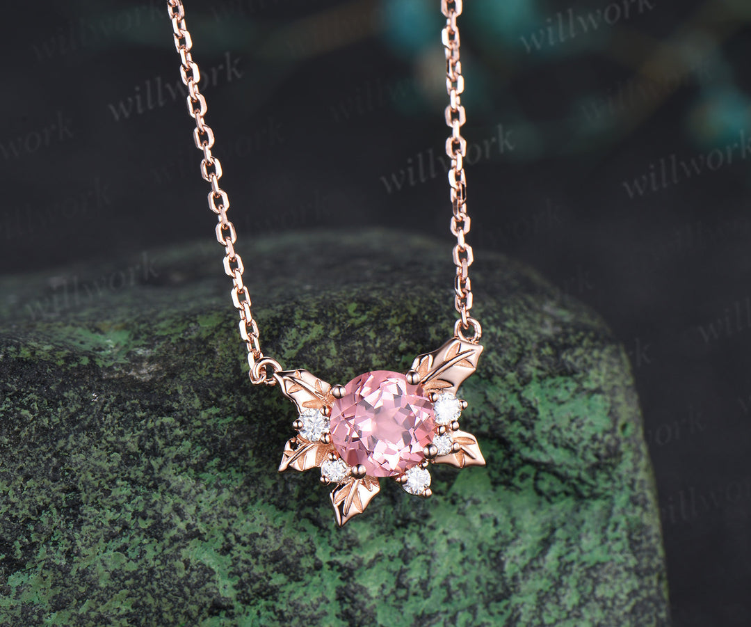 Round Padparadscha pink sapphire necklace 14k rose gold maple leaf diamond pendant women anniversary gift jewelry