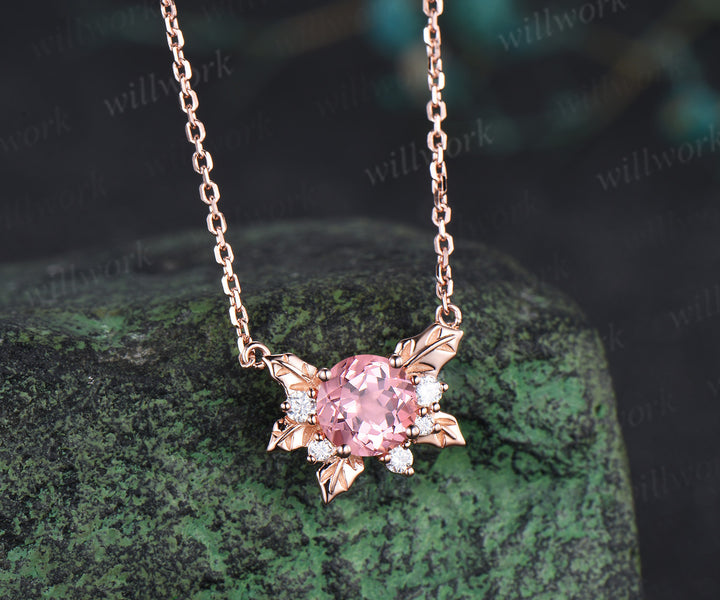 Round Padparadscha pink sapphire necklace 14k rose gold maple leaf diamond pendant women anniversary gift jewelry