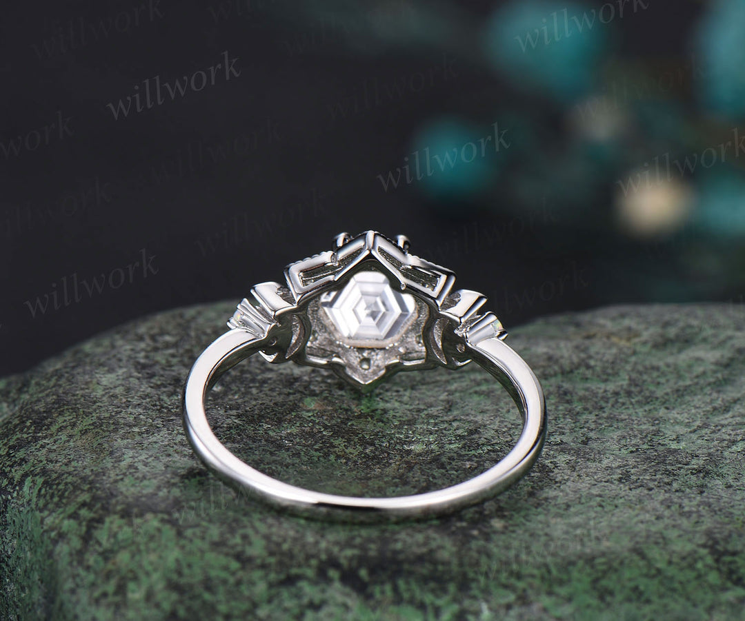 Vintage Hexagon moissanite engagement ring Unique 14K white Gold Floral moissanite Halo Wedding Promise Ring Natural Peridot Anniversary Ring