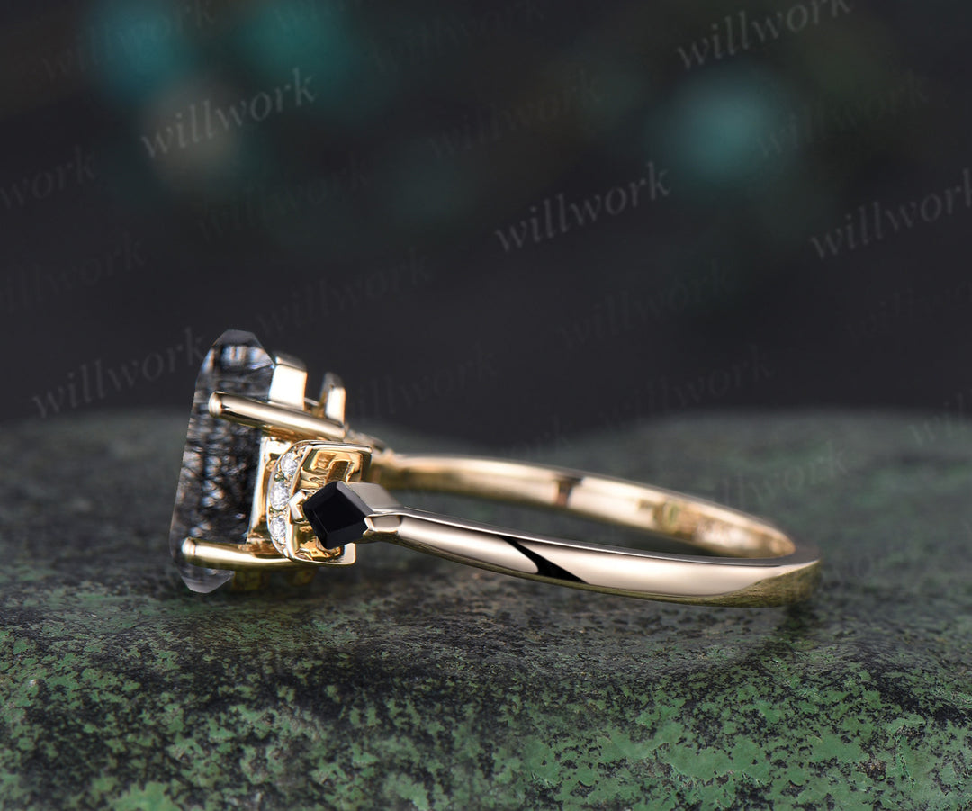 Kite Coffin black rutilated quartz engagement ring 14k yellow gold cluster moon moissanite wedding crystal ring anniversary gift