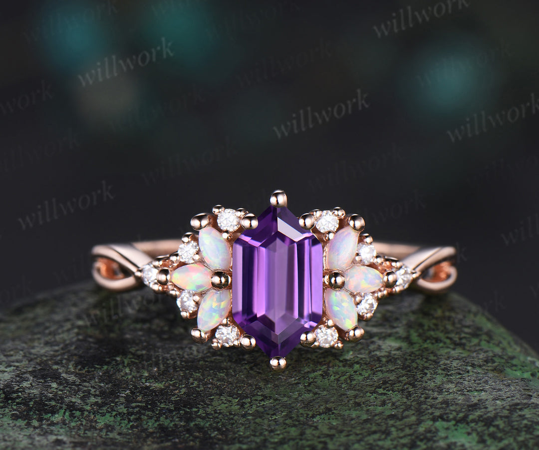 Long Hexagon cut amethyst engagement ring rose gold women cluster opal diamond unique promise ring her infinity anniversary gfit